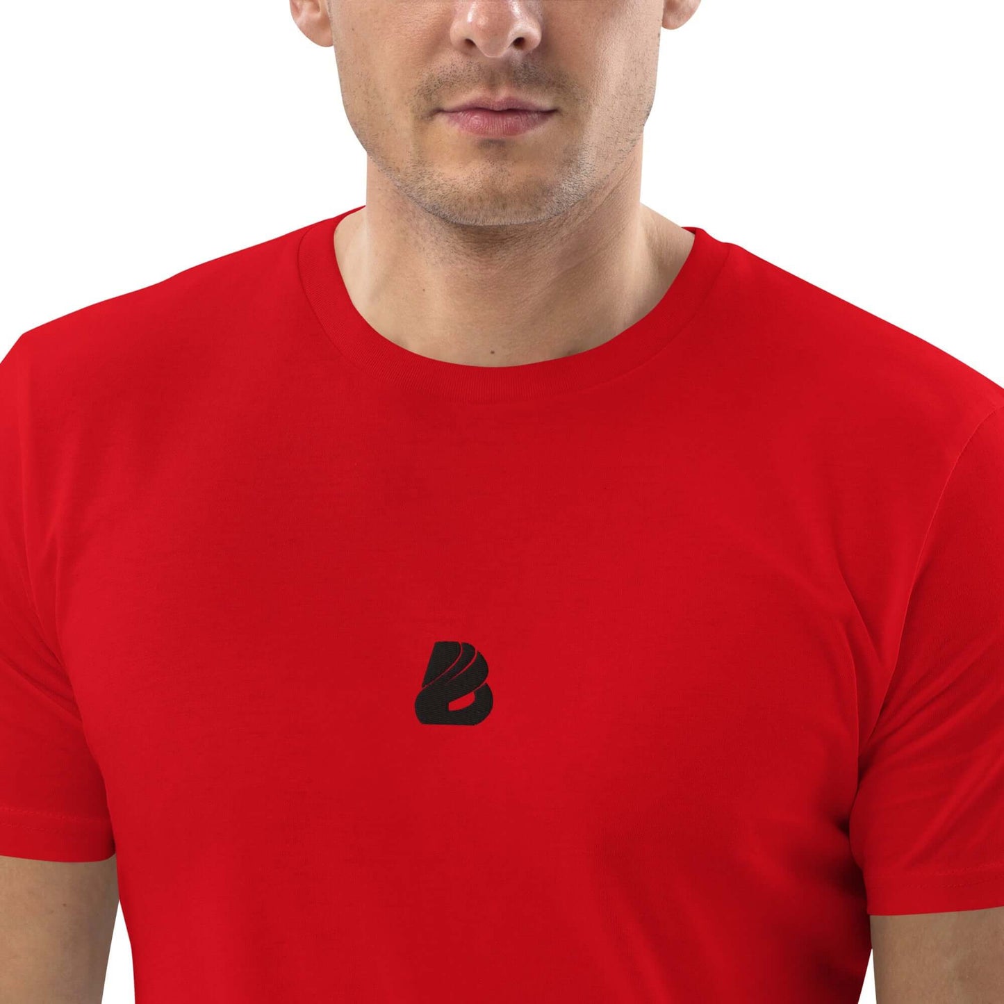 Red Unisex-Bio-Baumwoll-T-Shirt N°0 made of 100% organic ring-spun cotton, shown on a mannequin, featuring a minimalist logo.