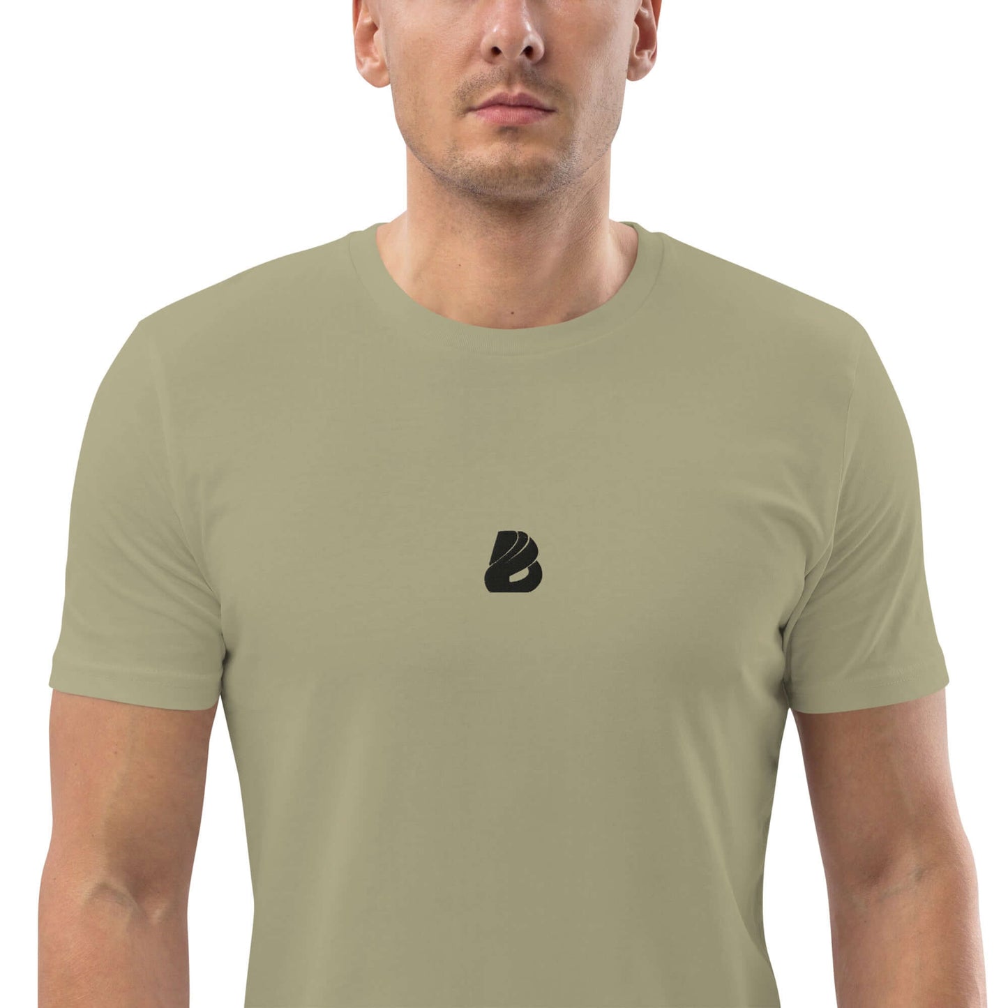 Person wearing Unisex-Bio-Baumwoll-T-Shirt N°0 in olive green, 100% organic cotton, eco-friendly fashion, medium fit.