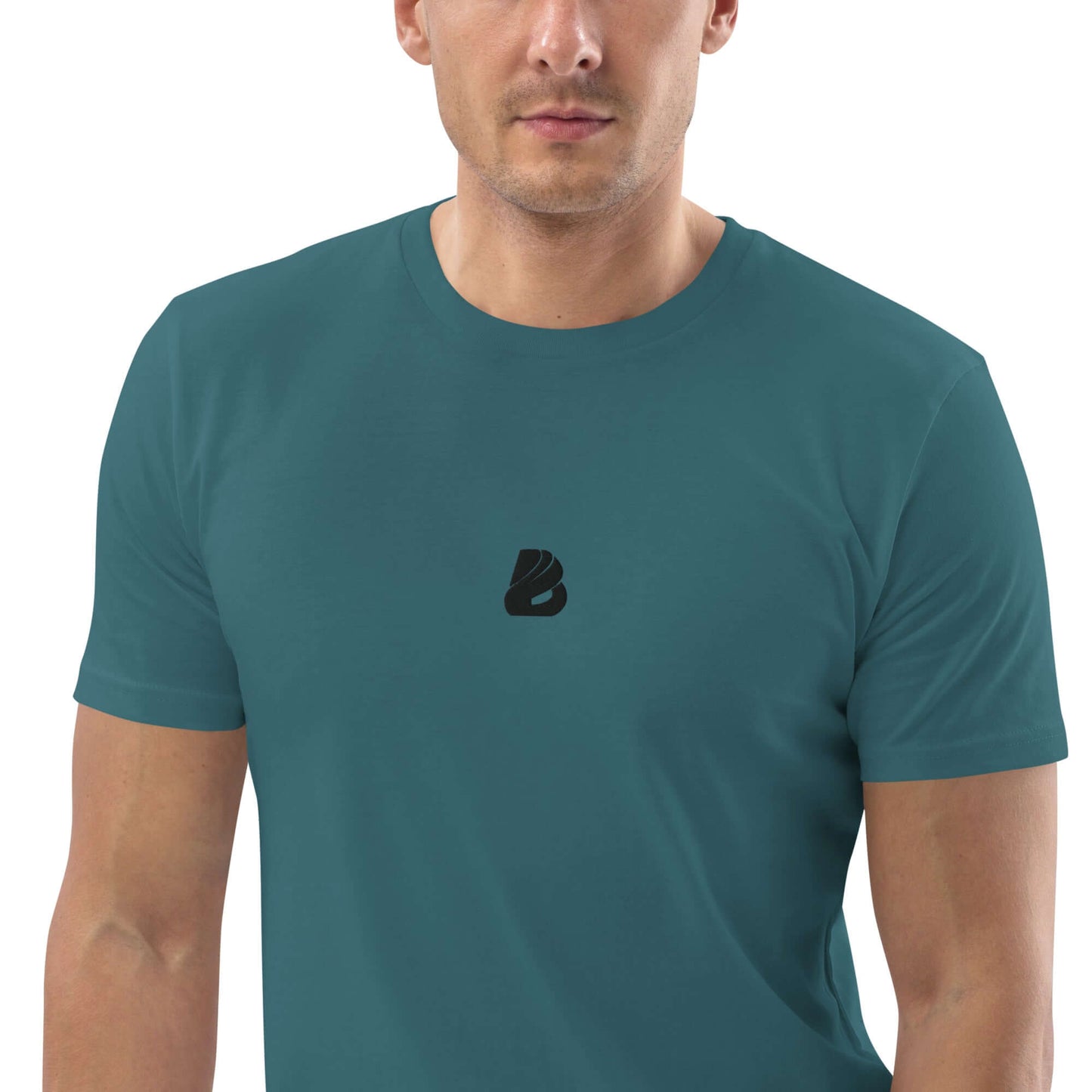 Unisex-Bio-Baumwoll-T-Shirt N°0 in teal, 100% organic cotton, eco-friendly fashion, medium-fit with ribbed collar and double stitching.