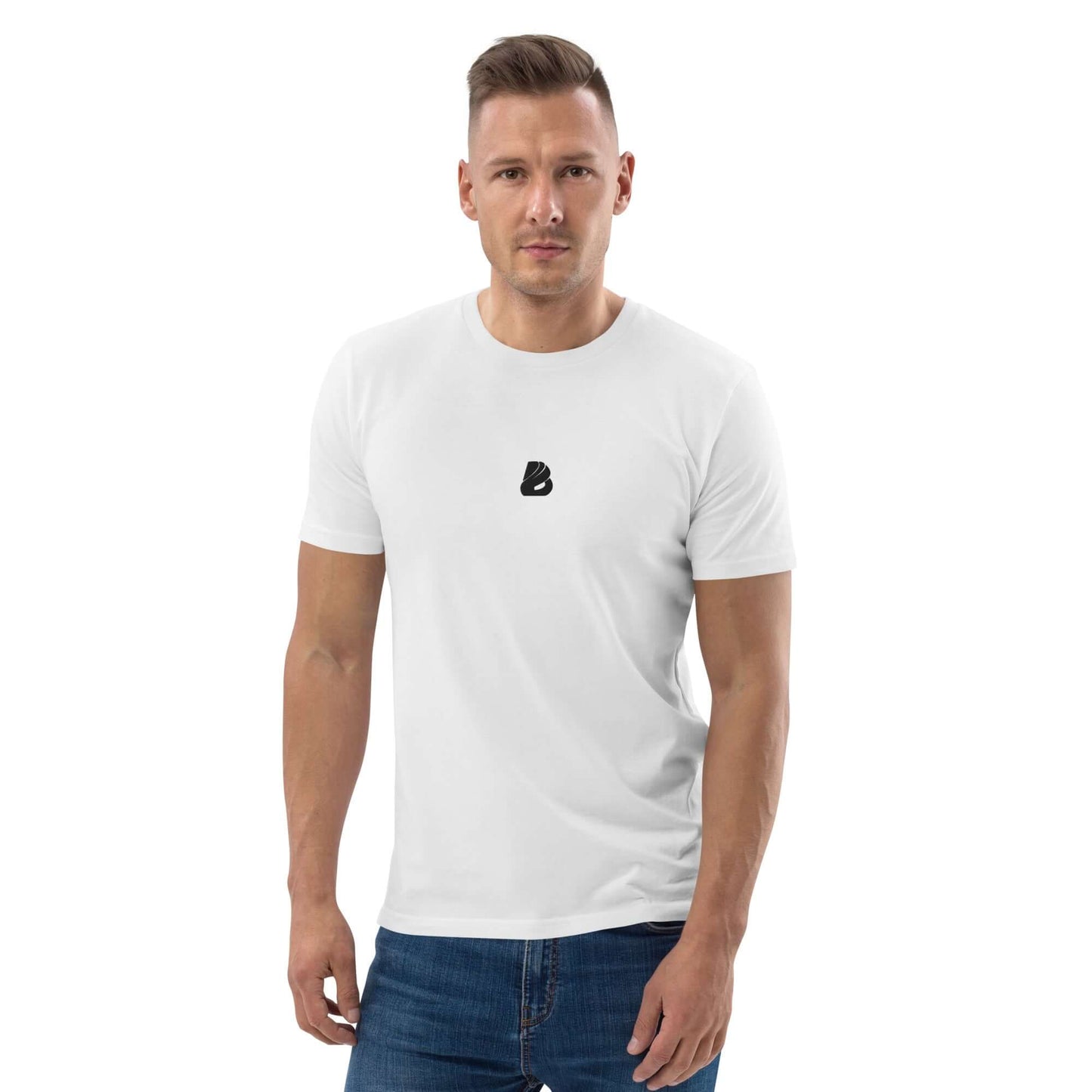 Unisex-Bio-Baumwoll-T-Shirt N°0 person wearing white eco-friendly cotton shirt