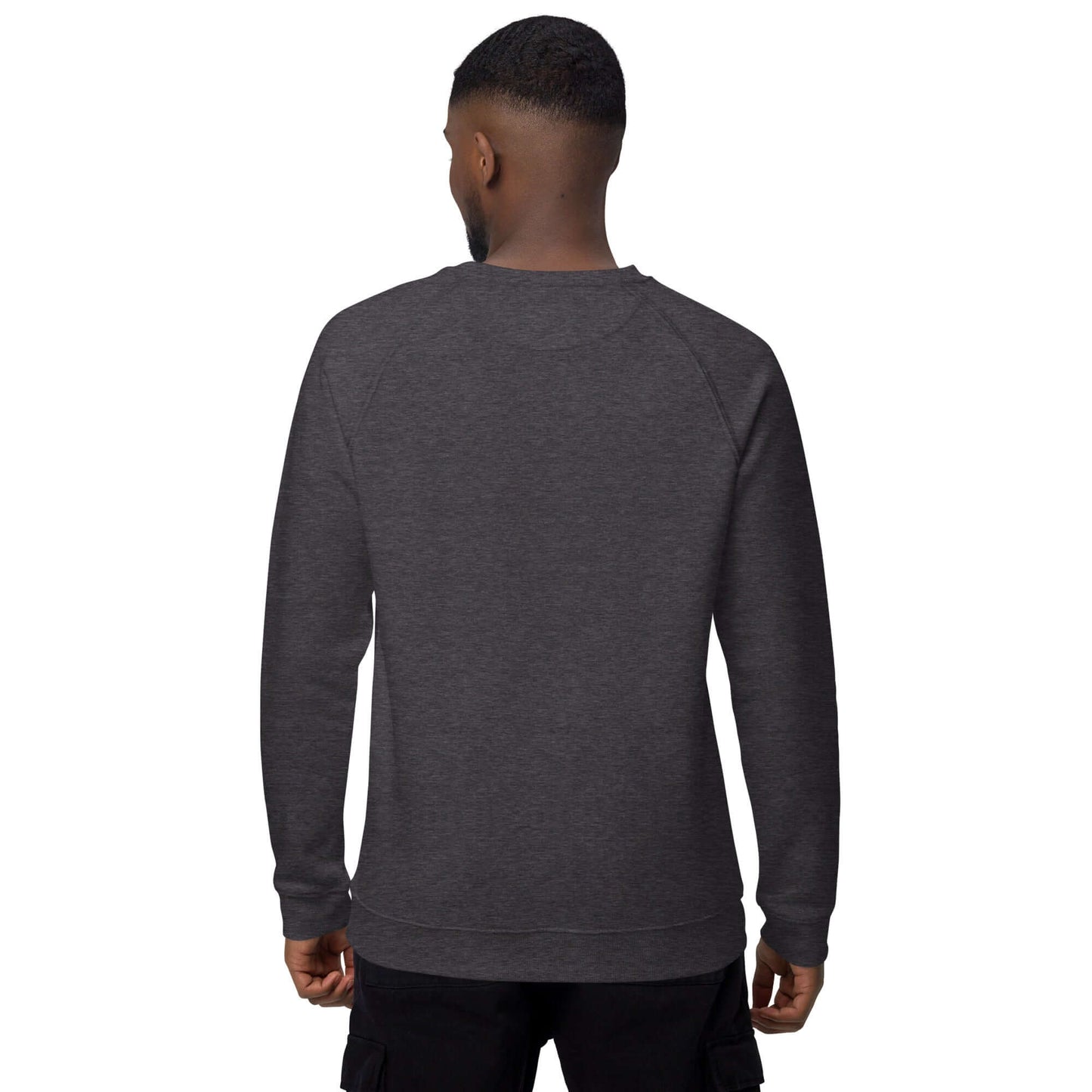 Back view of Unisex Bio-Raglan-Pullover N°0 in charcoal gray, featuring 100% organic cotton fabric for comfort and style.