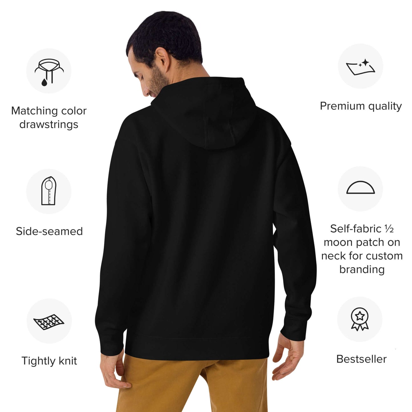 Back view of Unisex-Kapuzenpullover N°45 with premium features and side-seamed design in black color