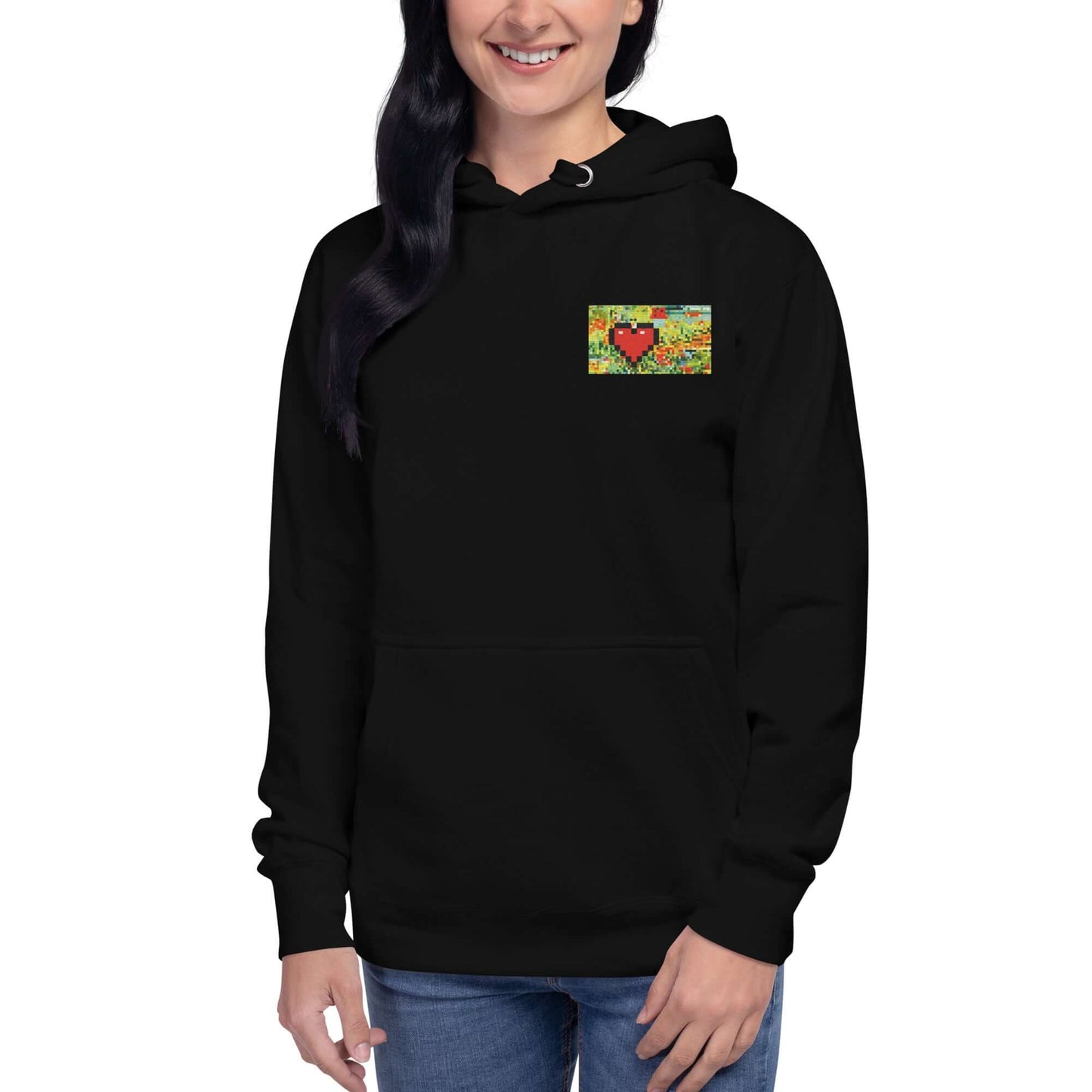 Unisex-Kapuzenpullover N°45 in black with colorful patch design, featuring a comfortable kangaroo pocket and warm hood.