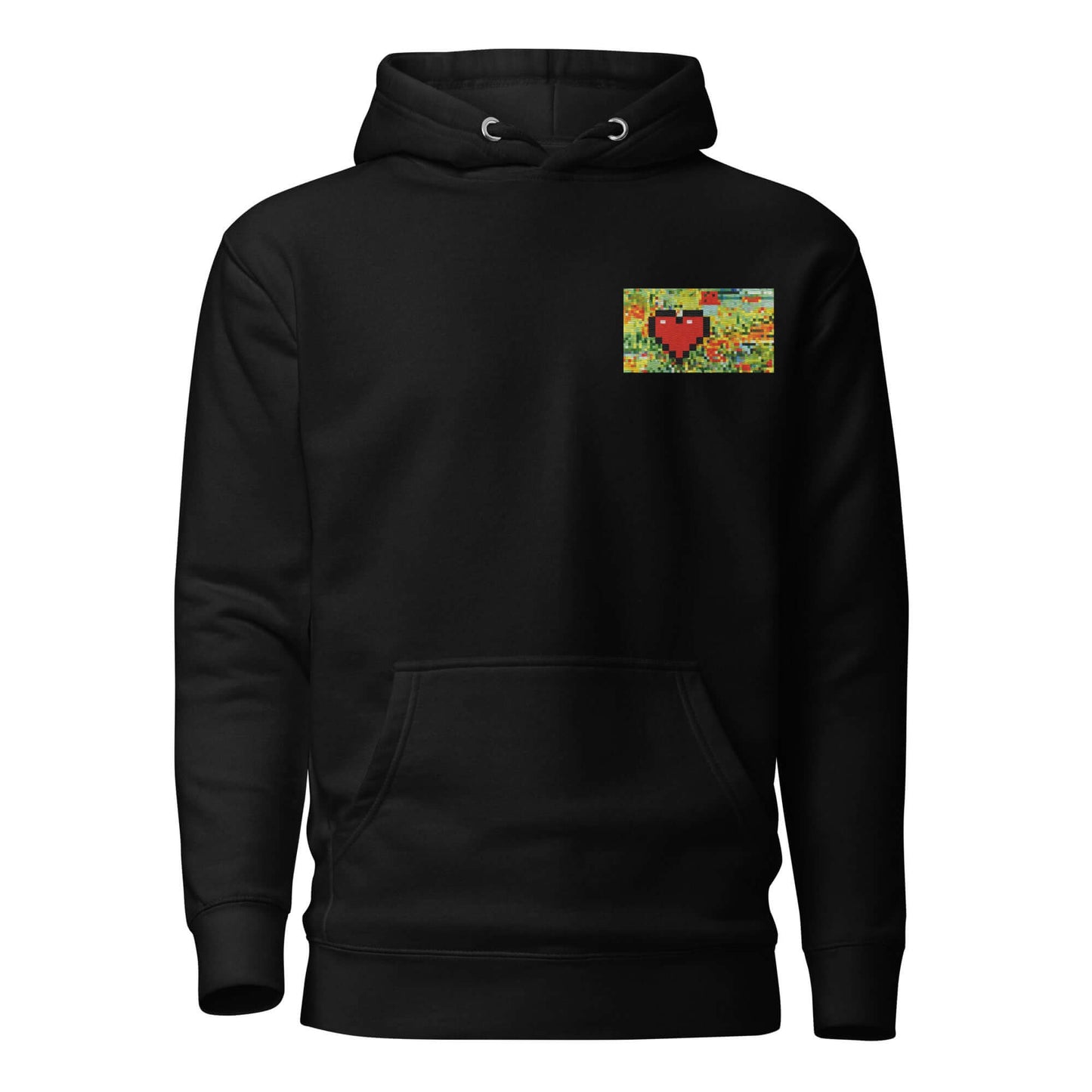 Unisex-Kapuzenpullover N°45 in Schwarz mit farbenfrohem Kunst-Design auf der Brust.