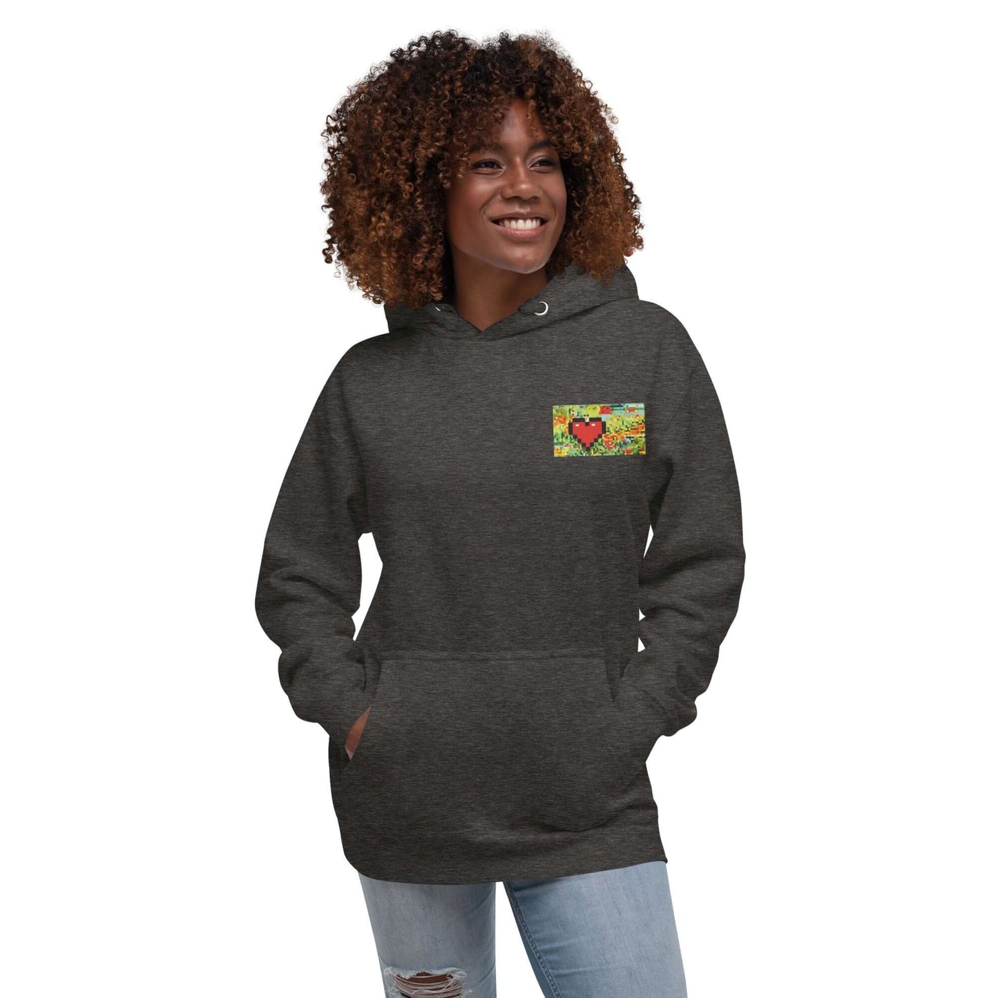 Woman wearing Unisex-Kapuzenpullover N°45 with cool design and kangaroo pocket