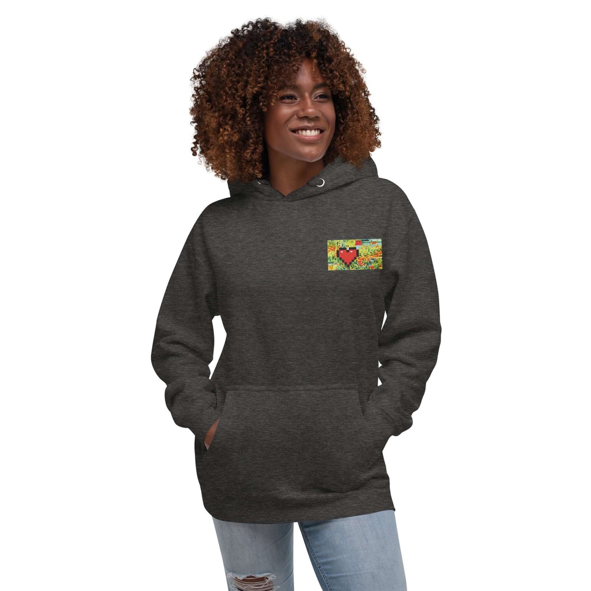 Woman wearing Unisex-Kapuzenpullover N°45 with cool design and kangaroo pocket