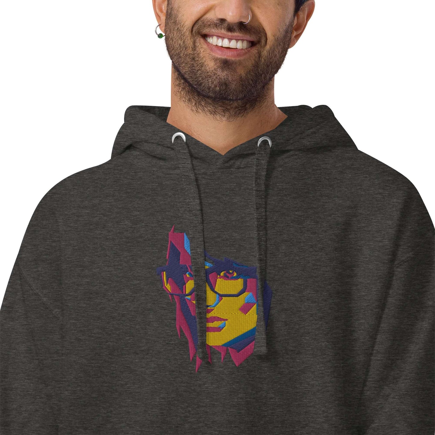 Person wearing Unisex-Kapuzenpullover N°39 with colorful graphic design, showing hood and drawstrings.