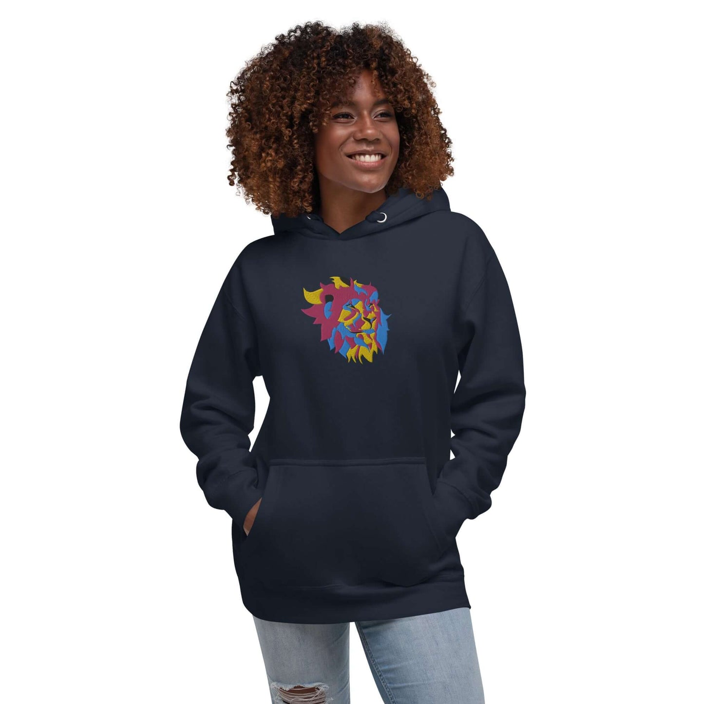 Unisex-Kapuzenpullover N°40 in navy blue with colorful lion design, featuring kangaroo pocket and cozy hood, ideal for cool evenings.