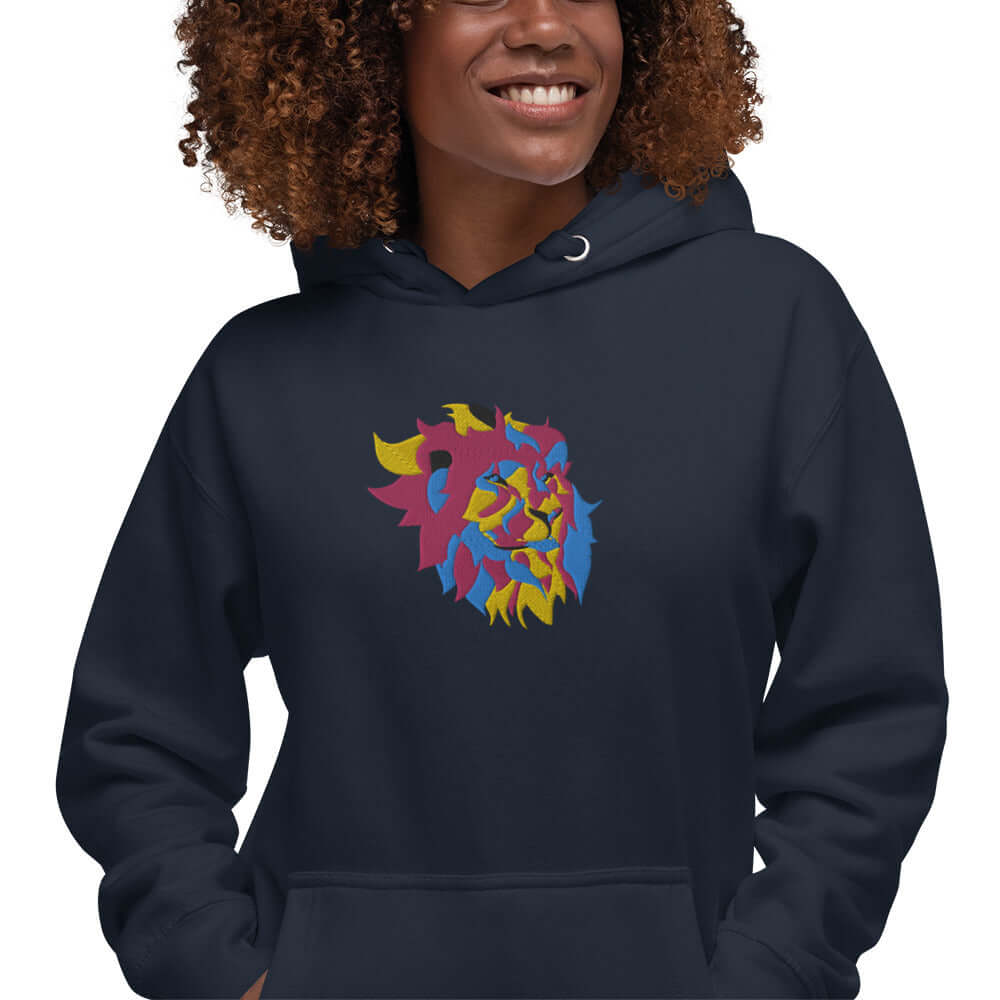 Unisex-Kapuzenpullover N°40 with a colorful lion design, featuring a cozy kangaroo pocket and warm hood. Perfect for cool evenings.