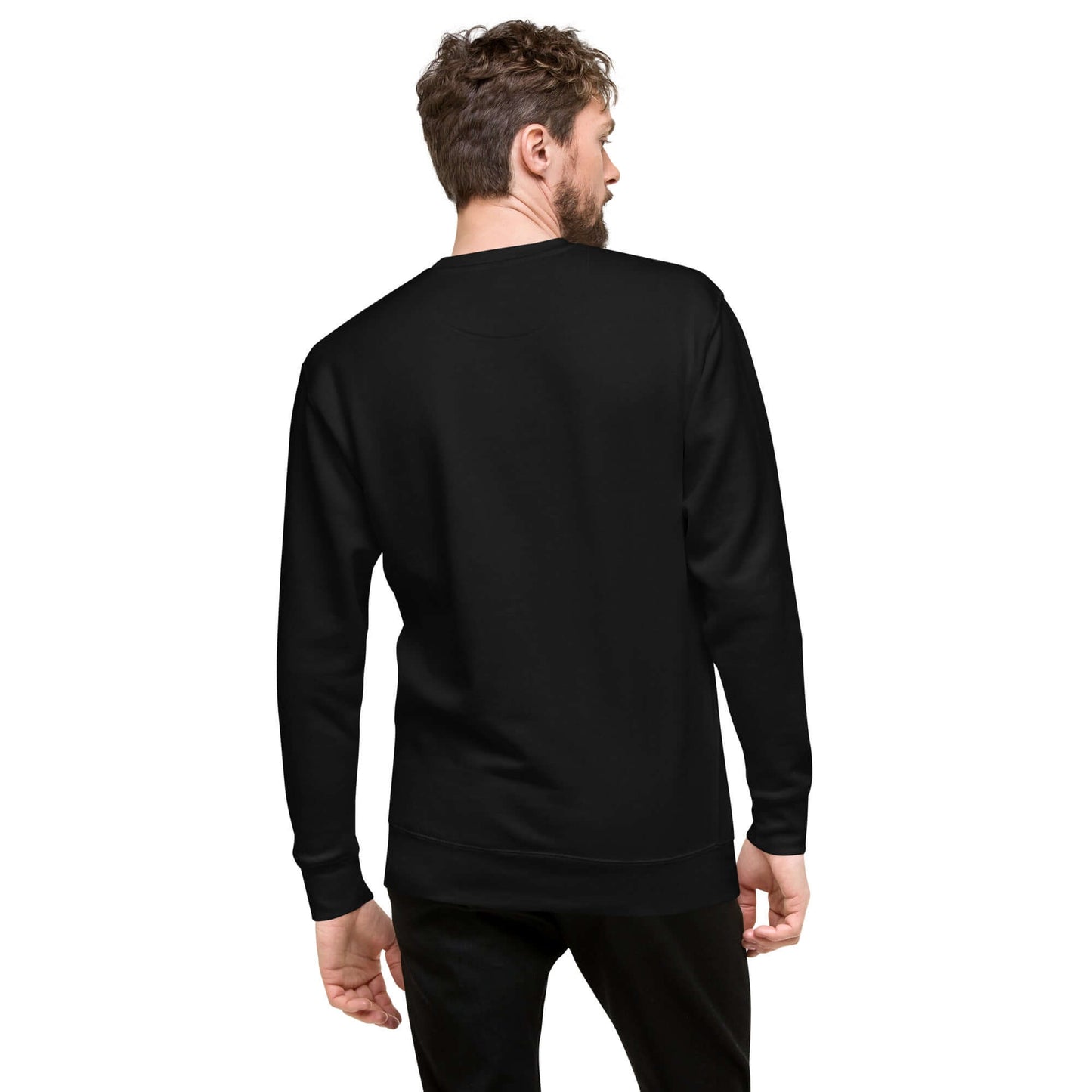 Back view of Unisex-Premium-Pullover N°0 in black, showcasing soft fleece lining and classic ribbed crewneck design.