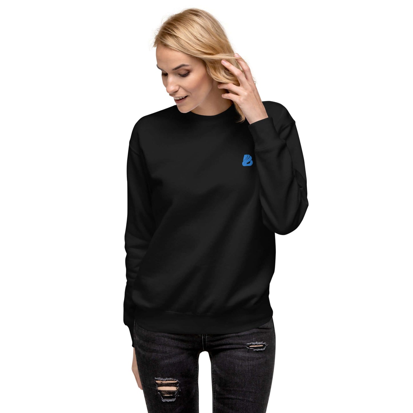 Woman wearing Unisex-Premium-Pullover N°0 with ribbed round neck and long sleeves, showcasing modern streetwear style.