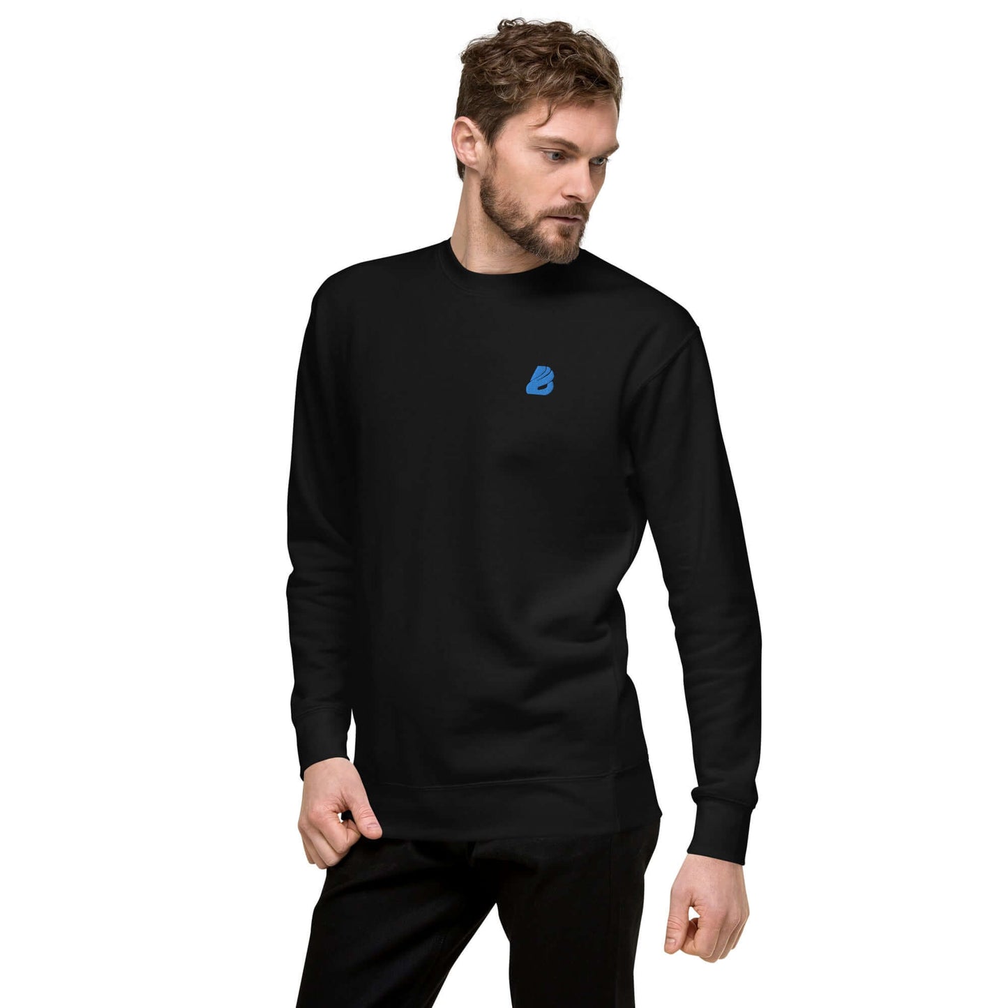 Man wearing Unisex-Premium-Pullover N°0, featuring ribbed crew neck and cuffs, providing a modern streetwear look, soft fleece interior.