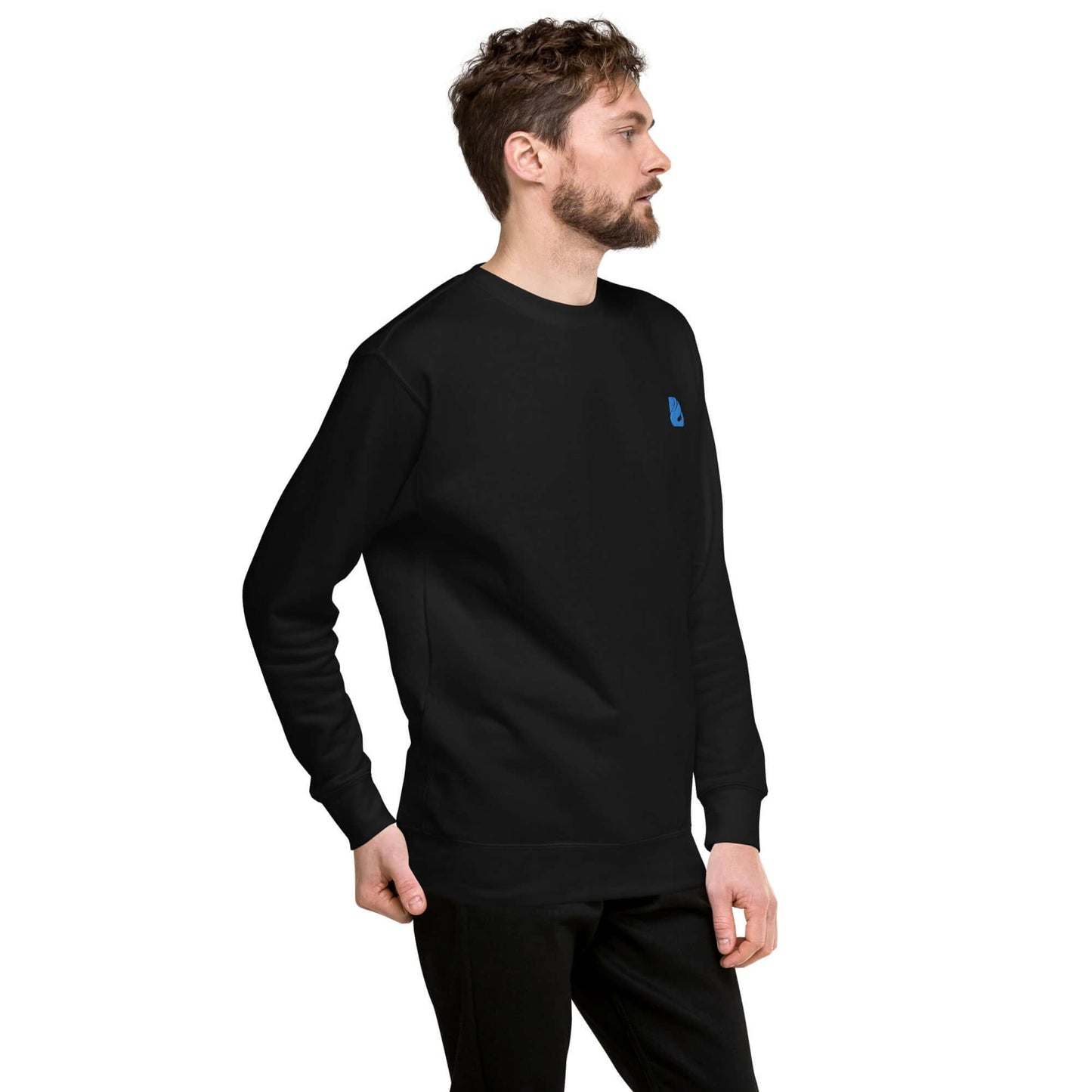 Model wearing Unisex-Premium-Pullover N°0 in black, showcasing ribbed crew neck and cuffs, ideal for a modern streetwear style.