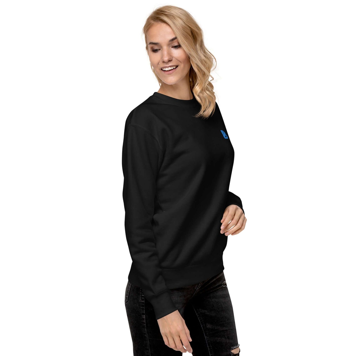Model wearing Unisex-Premium-Pullover N°0, classic black pullover with ribbed crewneck and cuffed sleeves, perfect for streetwear.