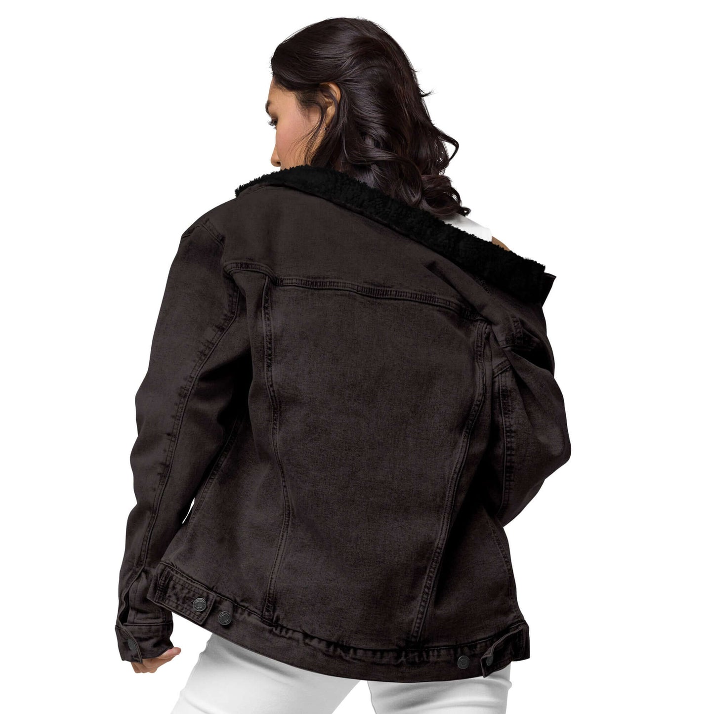 Back view of Unisex Sherpa Jeansjacke N°0 with black denim and sherpa lining, showcasing classic style and sustainability.