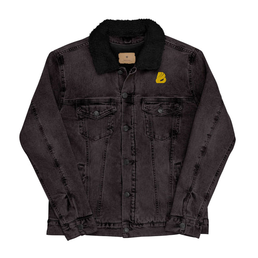 Unisex Sherpa Jeansjacke N°0 in dark denim with black sherpa lining, eco-friendly materials for warmth and comfort.