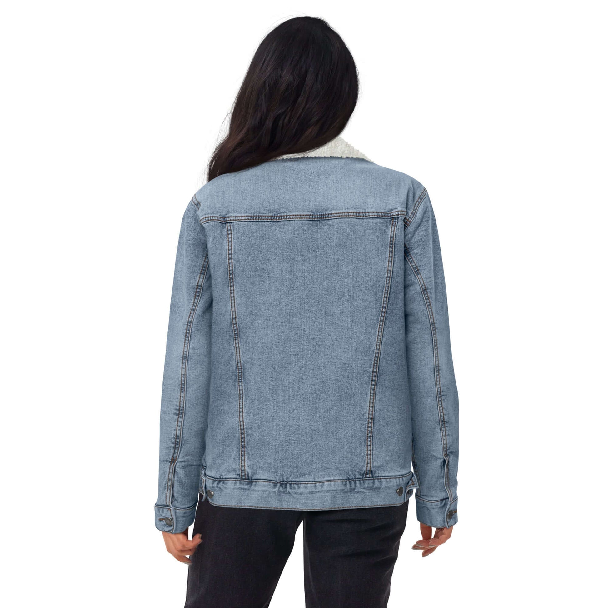 Rear view of model wearing Unisex Sherpa Jeansjacke N°2, a denim jacket with sherpa lining, made from recycled materials.