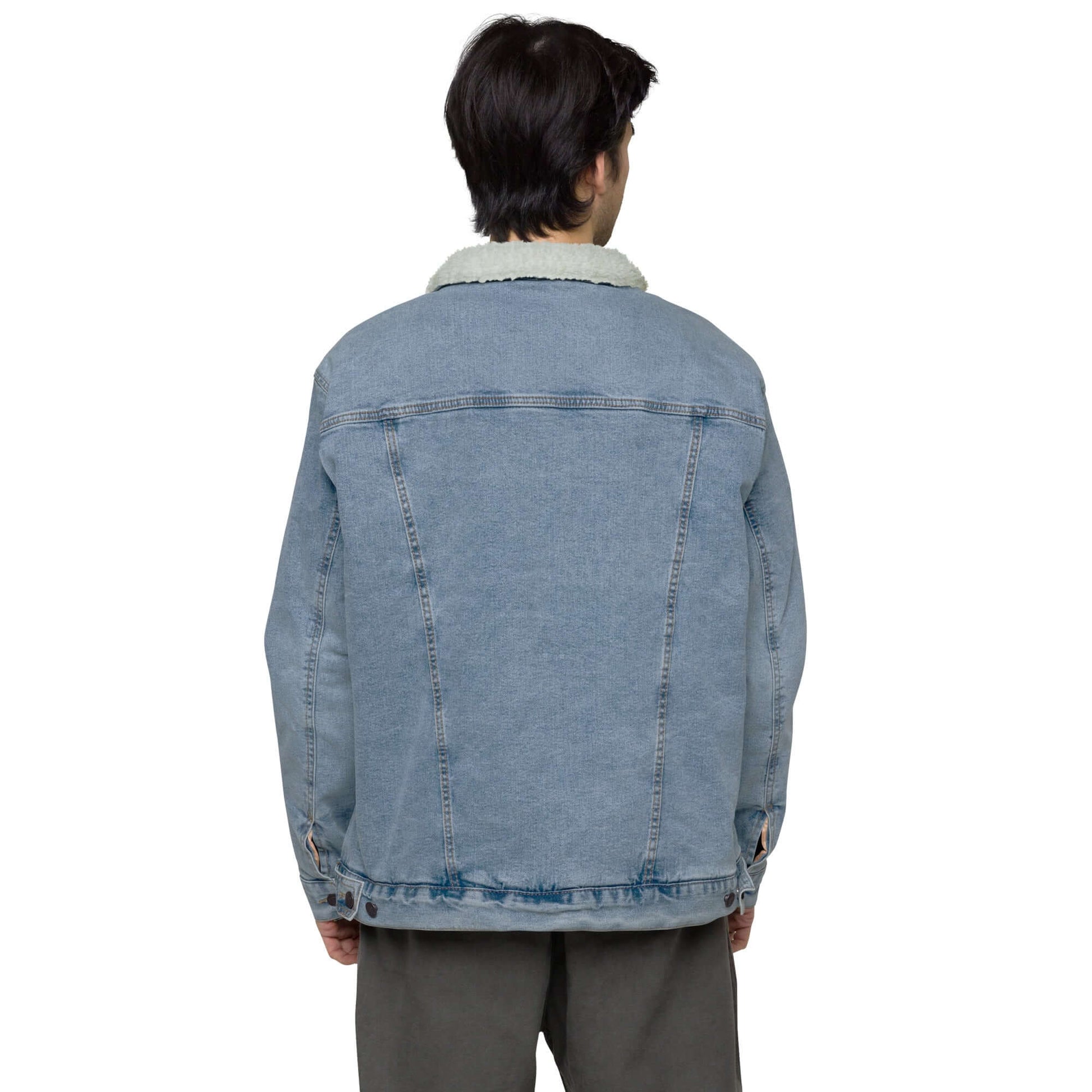 Back view of model wearing Unisex Sherpa Jeansjacke N°2, featuring denim fabric with Sherpa lining for warmth and style.