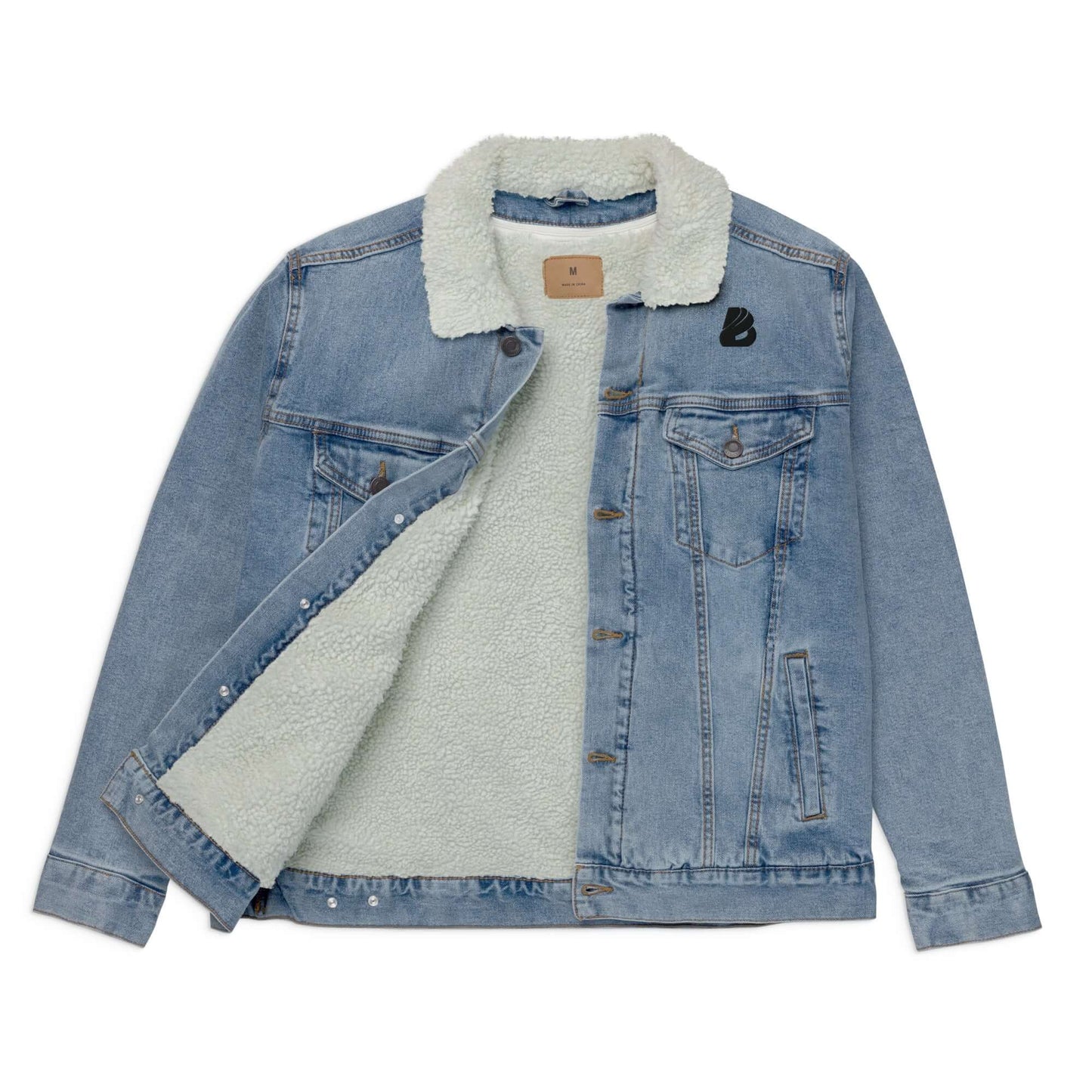 Unisex Sherpa Jeansjacke N°2 with sherpa lining, sustainable denim outer layer, open to show inner fleece, eco-friendly fashion.