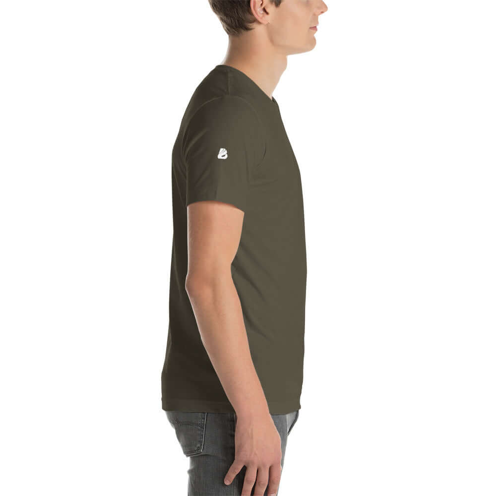 Side view of model wearing Unisex-T-Shirt N°0 in olive green, soft and lightweight, perfect fit for everyday comfort.