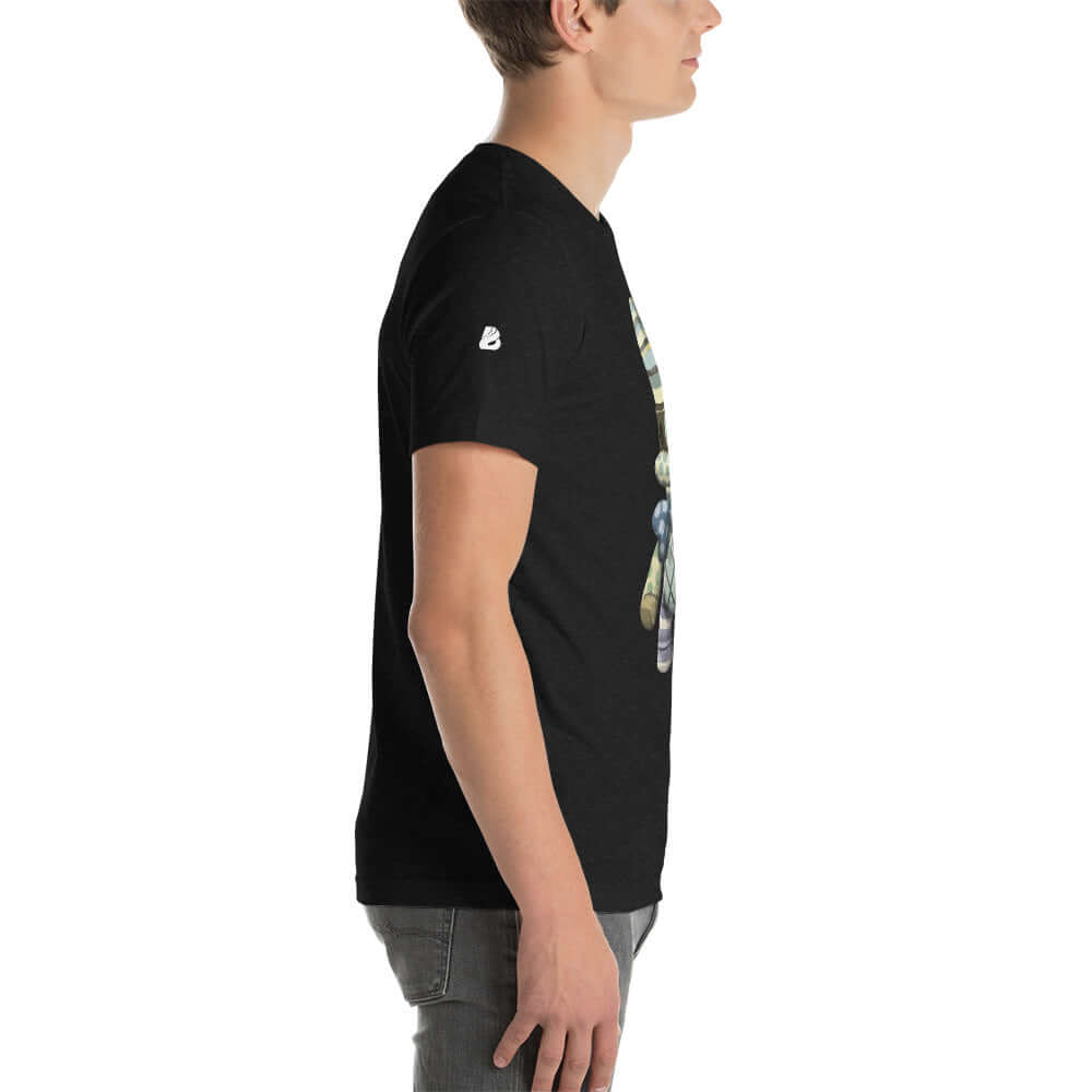 Kurzärmeliges Unisex-T-Shirt N°2 in Schwarz, seitliche Ansicht, weiches Material, elastisch, bequem, unisex, Baumwollmischung