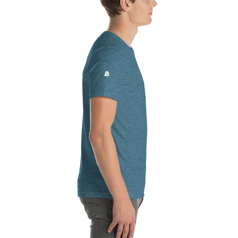 Side view of a model wearing a blue Unisex-T-Shirt N°0, showcasing soft, lightweight fabric with perfect elasticity and comfort.