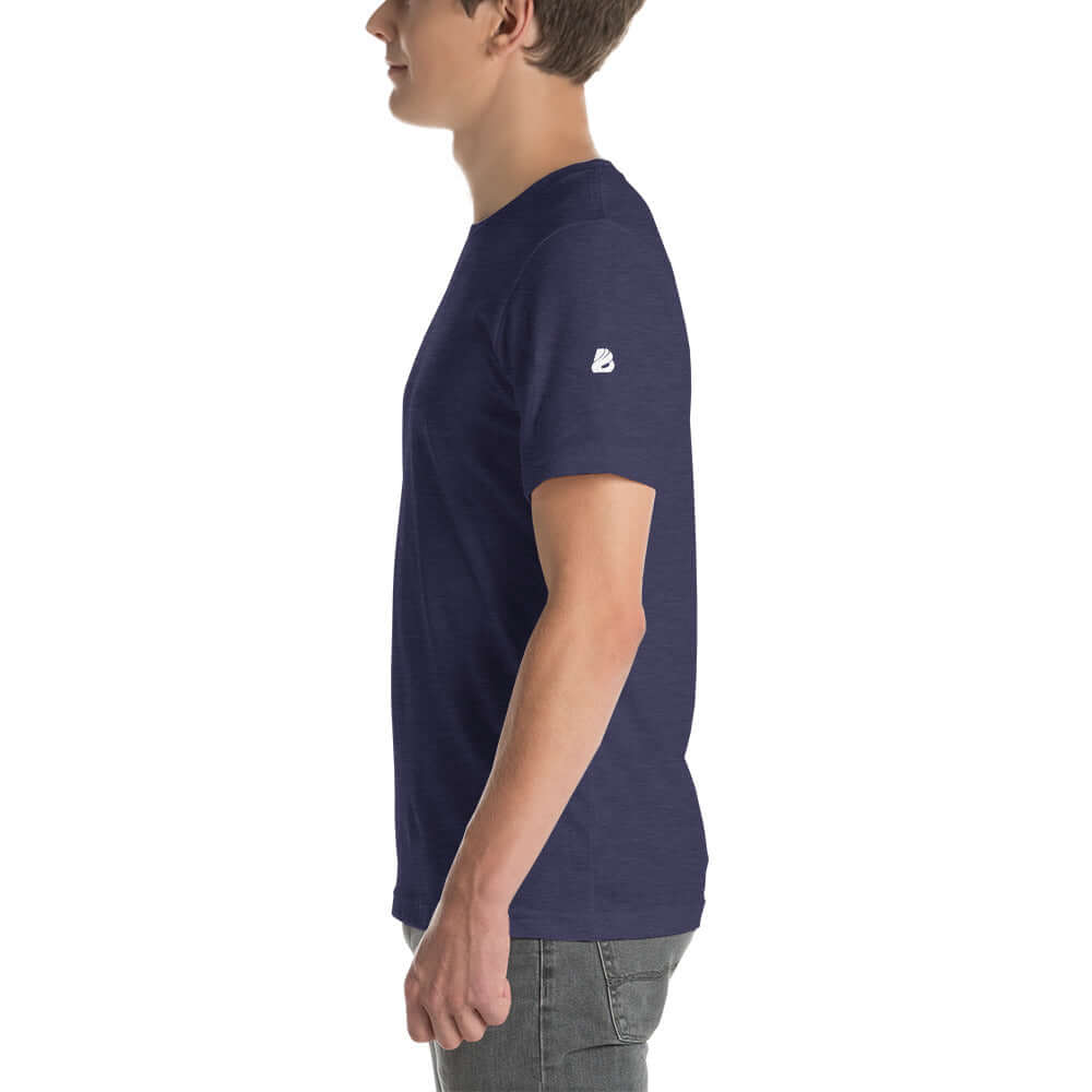 Side view of model wearing Unisex-T-Shirt N°0 in navy blue, made from soft, lightweight 100% cotton for ultimate comfort and durability.