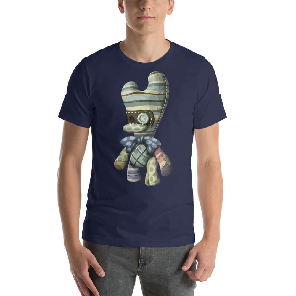 Kurzärmeliges Unisex-T-Shirt N°2 in navy blue featuring a unique, artistic design, perfect balance of softness and elasticity.