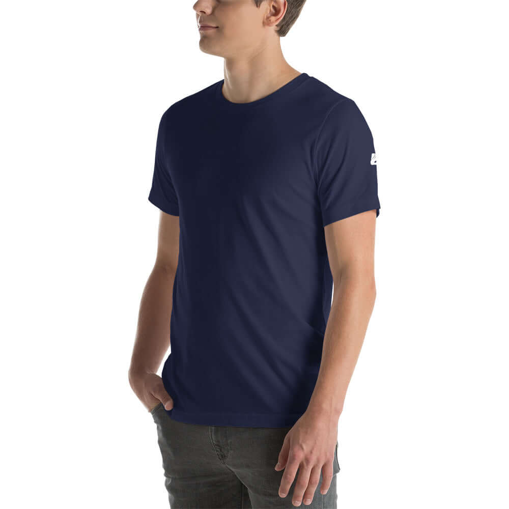 Model wearing Unisex-T-Shirt N°0 in navy blue, side view, showcasing soft and lightweight fabric with perfect elasticity and durability.