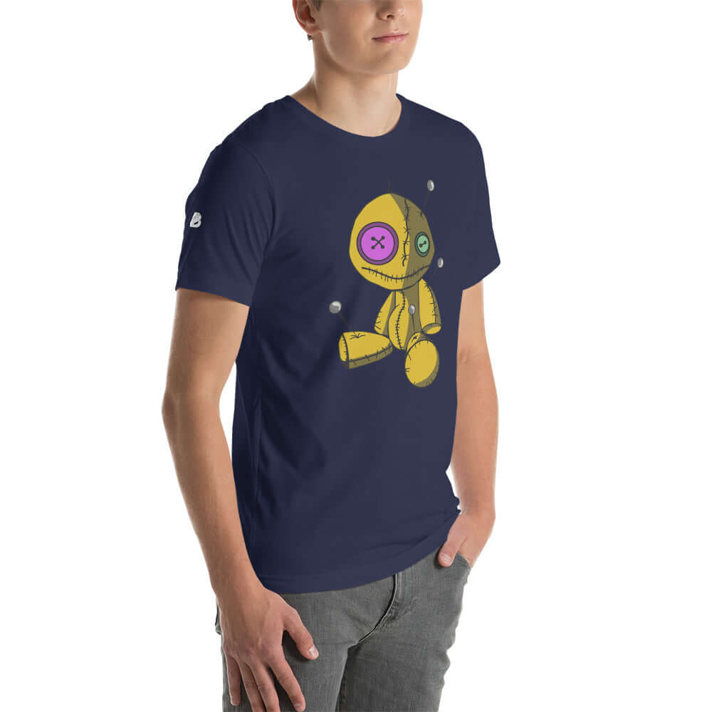 Kurzärmeliges Unisex-T-Shirt N°3 in dunkelblau mit buntem Grafikdesign, aus weicher 100% Baumwolle, bequem und stylisch für jedermann.