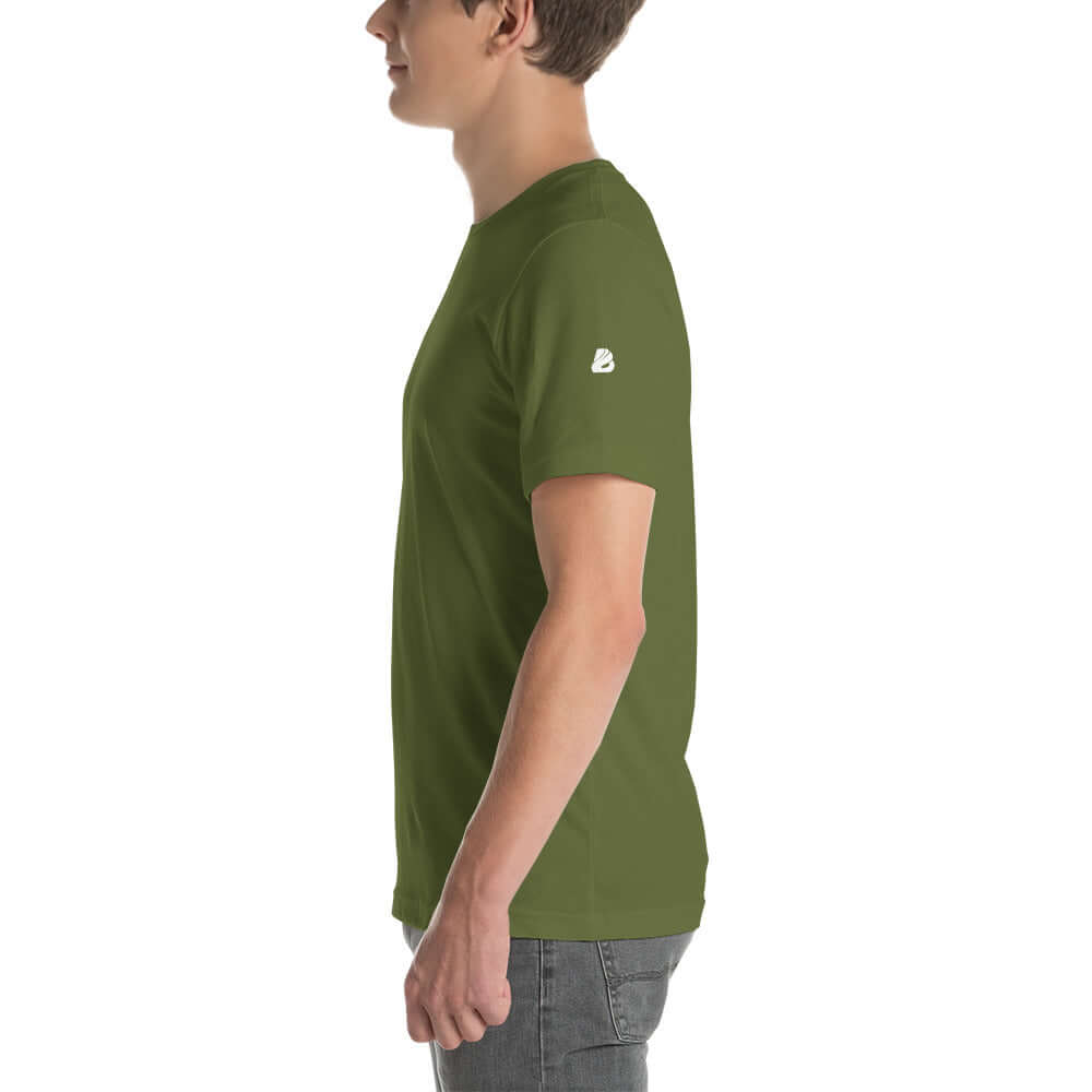 Side view of person wearing olive green Unisex-T-Shirt N°0, showcasing soft, lightweight fabric with elasticity and comfort.