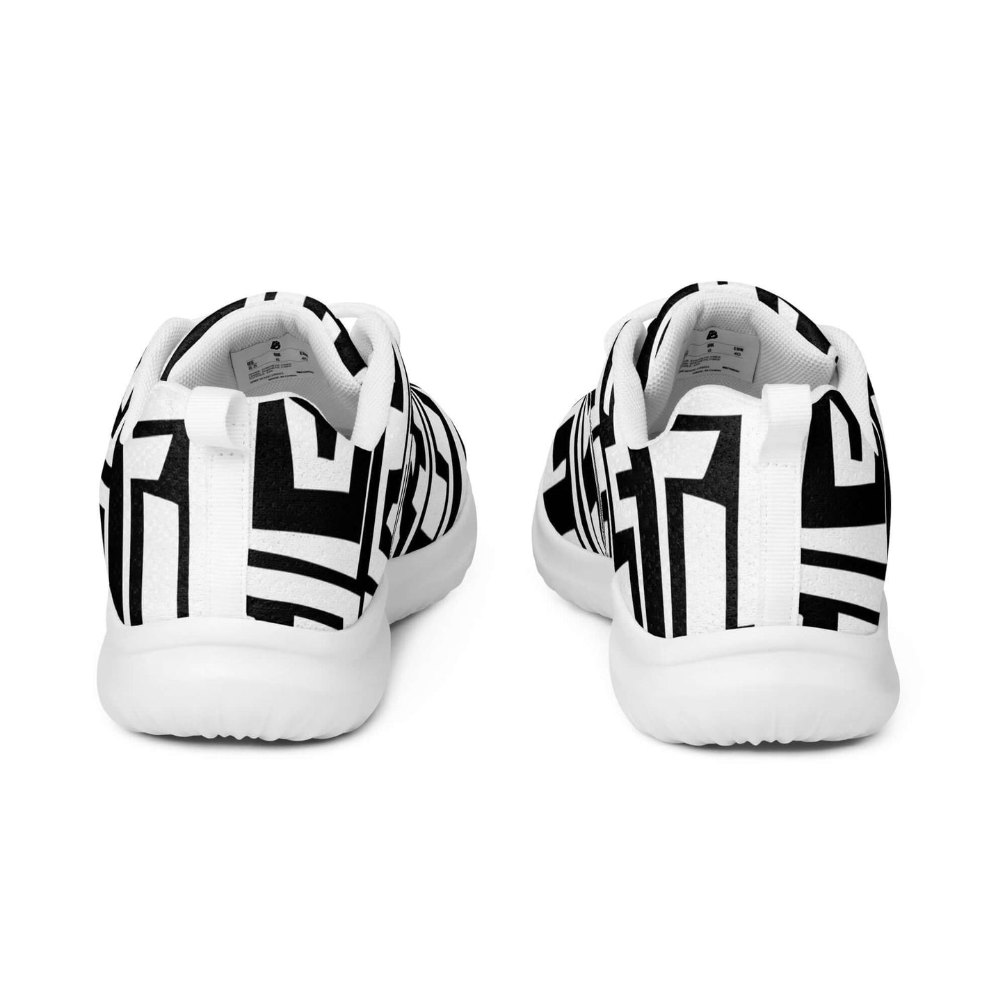 Damen-Turnschuhe N°1 Rückansicht, schwarz-weißes Muster, atmungsaktives Flyknit-Material, bequeme Sportschuhe mit Gummisohle