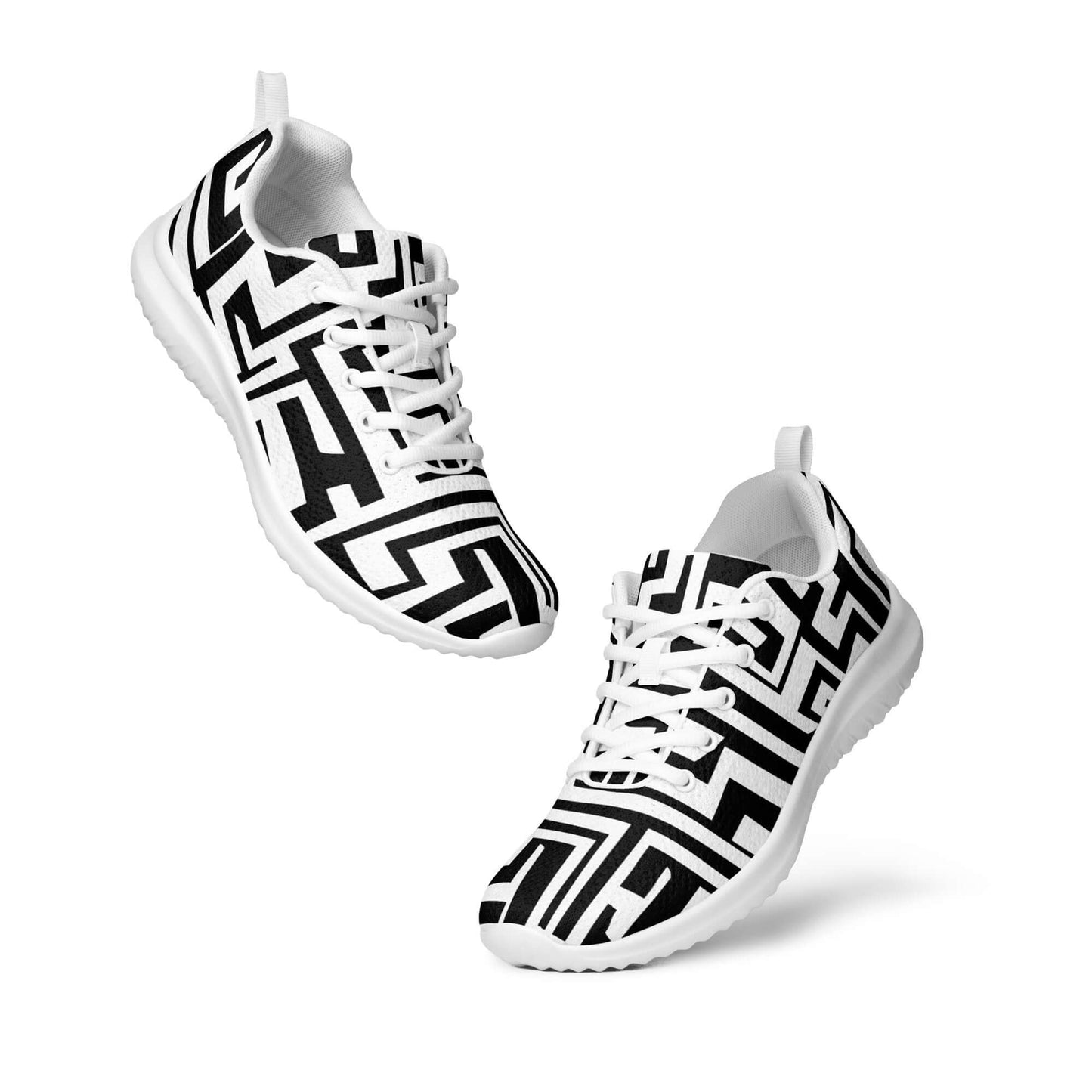 Damen-Turnschuhe N°1 with black and white geometric pattern, featuring breathable lining and cushioned collar for improved comfort.