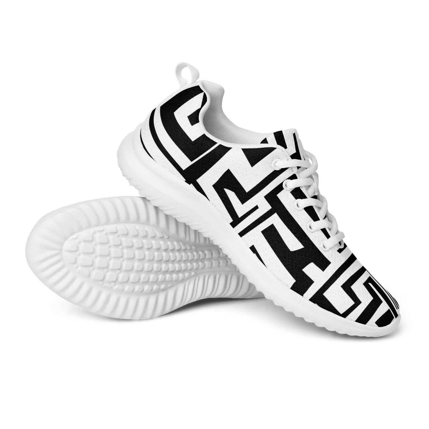 Damen-Turnschuhe N°1 in black and white geometric pattern featuring breathable Flyknit material and EVA rubber outsole for comfort.