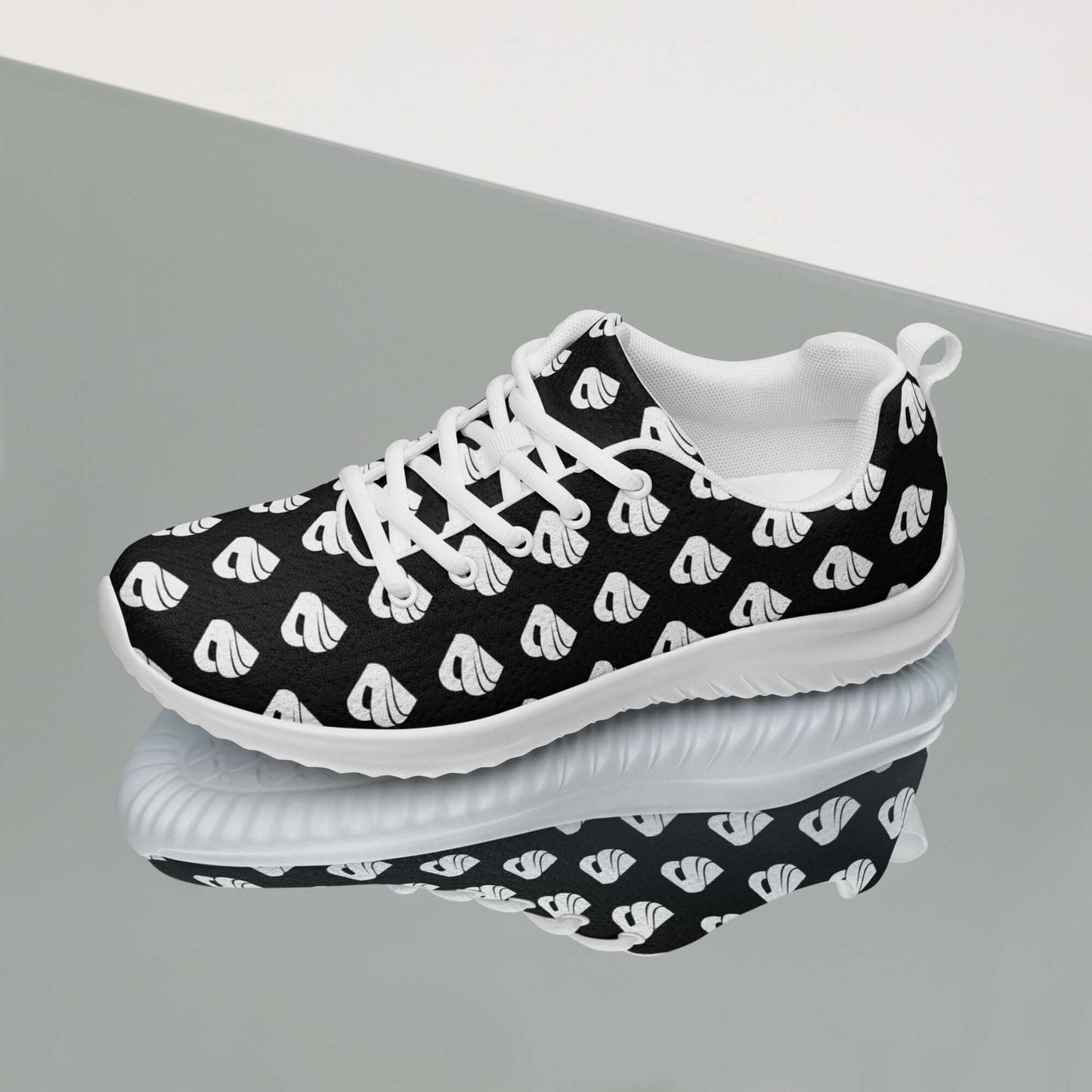 Damen-Turnschuhe N°0, bequeme und leichte Sportschuhe mit atmungsaktivem Futter und gepolstertem Kragen, auf reflektierender Oberfläche.