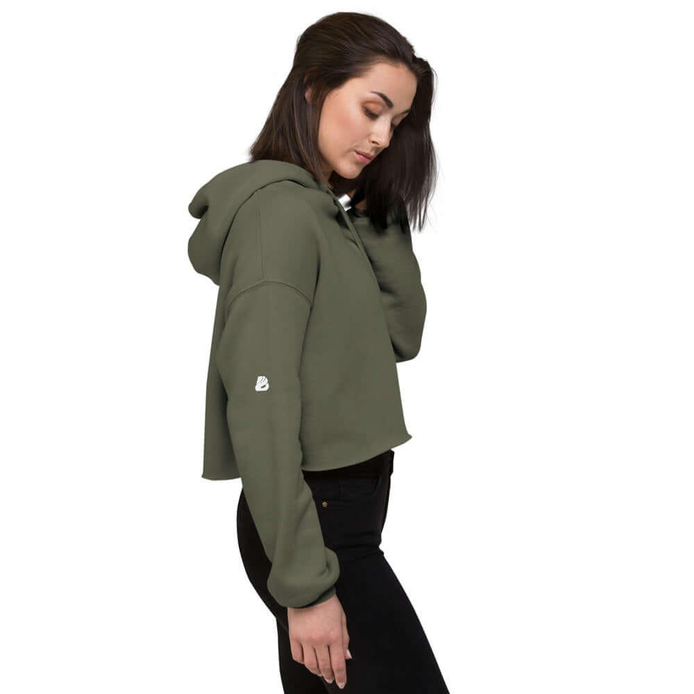 Woman wearing Crop-Hoodie N°0 with raw hem and matching drawstring, made of Airlume cotton and polyester blend, side view