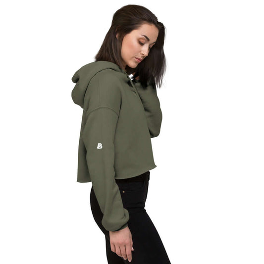 Woman wearing Crop-Hoodie N°0 with raw hem and matching drawstring, made of Airlume cotton and polyester blend, side view