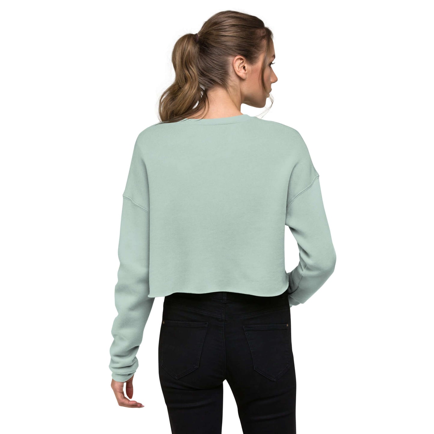 Back view of model wearing Crop-Pullover N°0 in soft fabric, showcasing fashion-forward design and comfort.