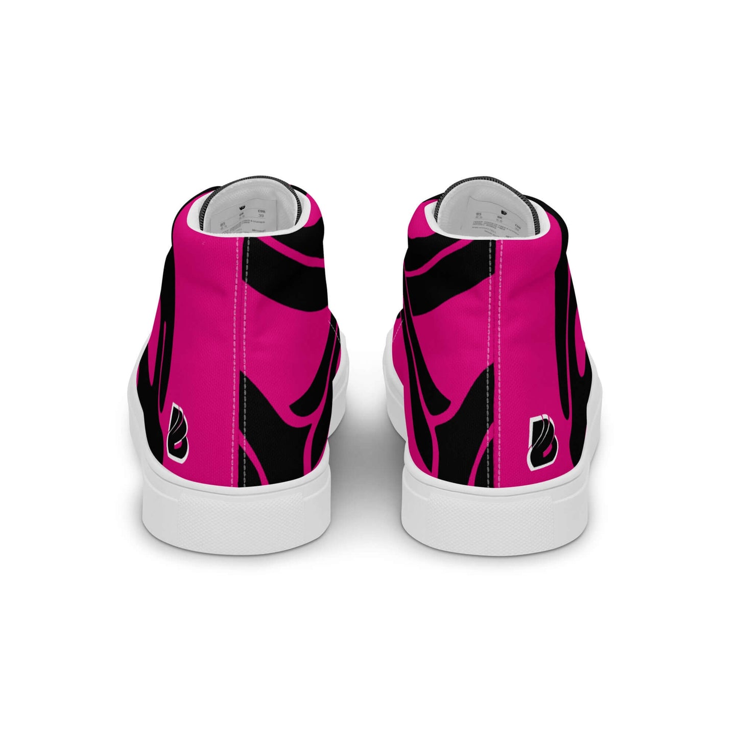 Hochschnitt Leinenschuhe für Damen in pink mit schwarzem Design und weißer Sohle, hintenansicht.