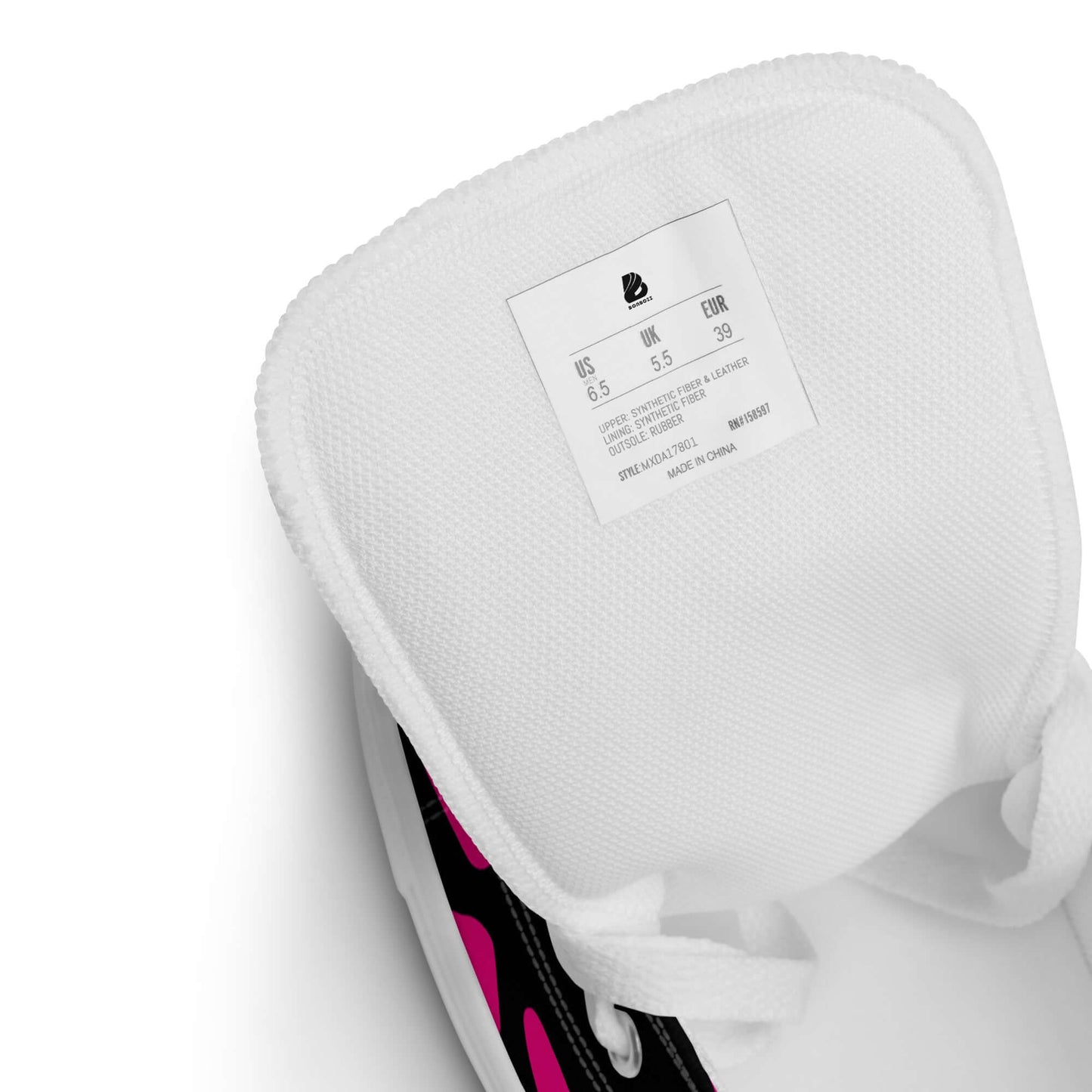 Innensohle eines Modells von High-Top Leinenschuhen für Damen mit Größenetikett und stilvollem Design.