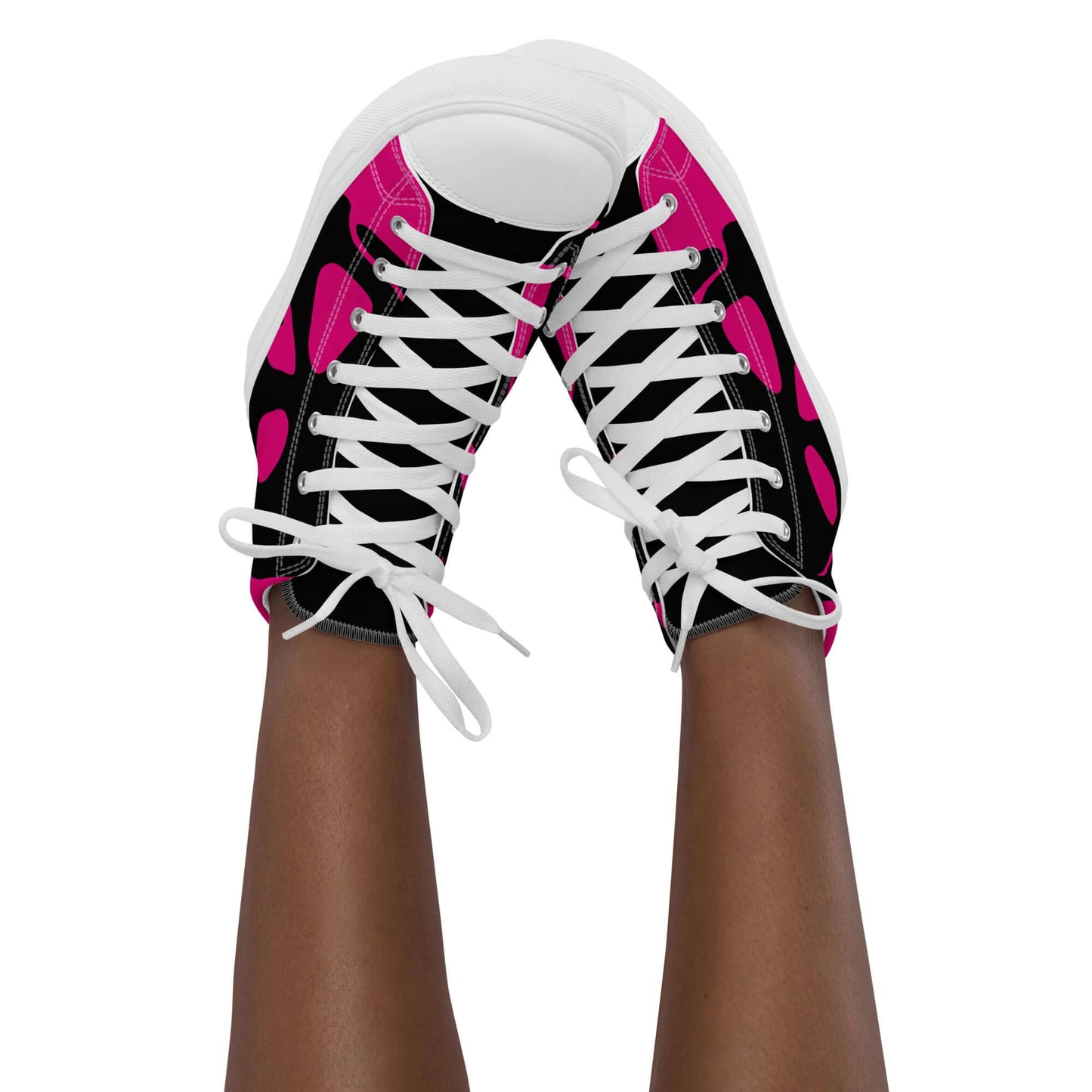Hochschaft Leinenschuhe für Damen in Schwarz mit pinken Punkten und weißen Schnürsenkeln, ideal für stylische Outfits.