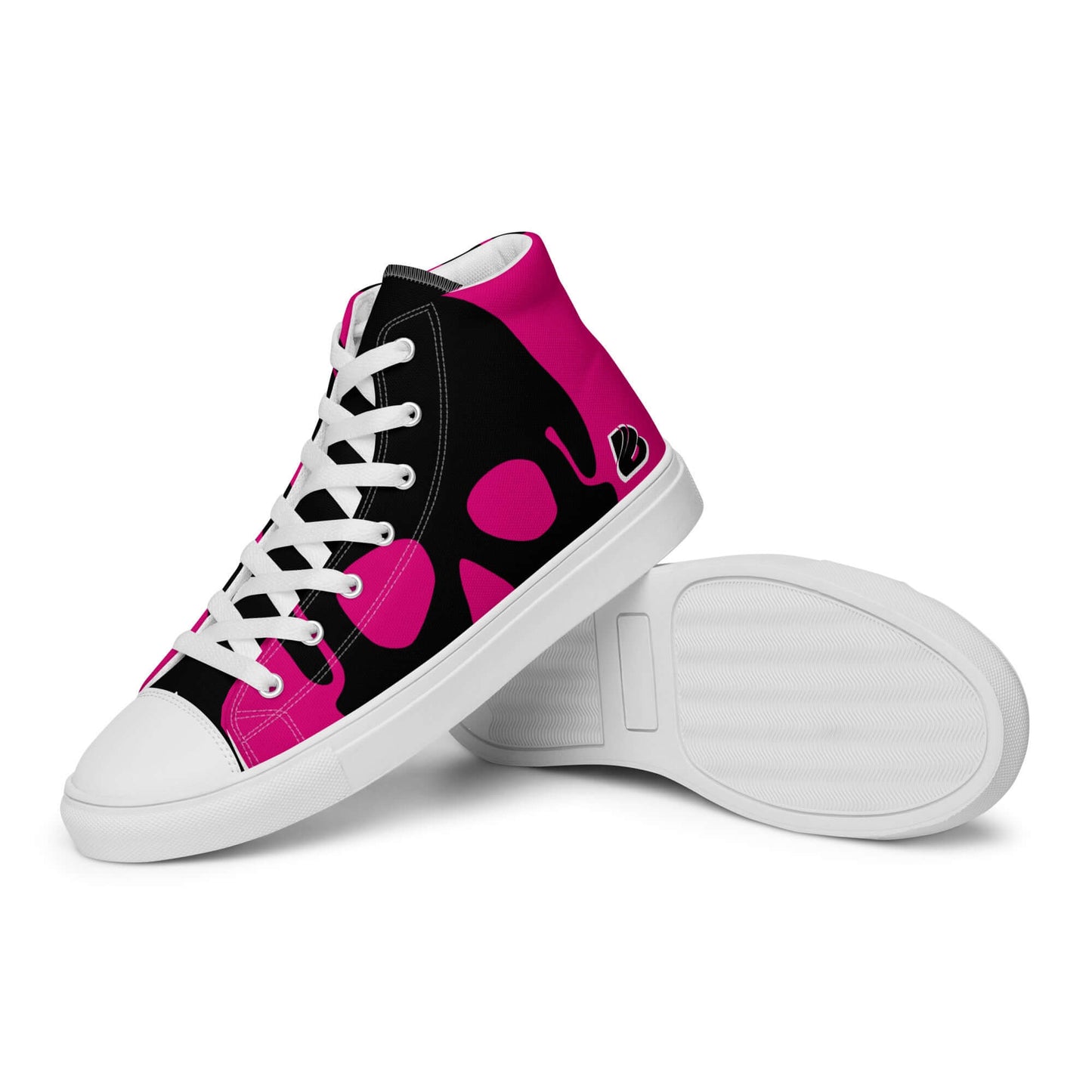 Hohe Leinenschuhe für Damen in Schwarz und Pink mit weißen Schnürsenkeln und Gummisohle
