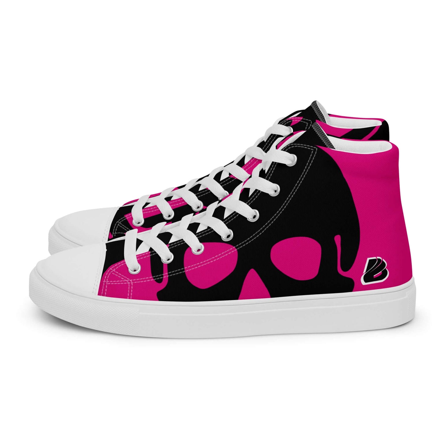Stylish high-top sneakers with pink skull design and white laces, perfect for a bold fashion statement.