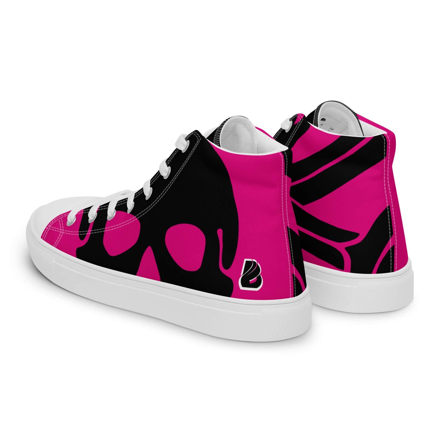 Hohe Leinenschuhe für Damen in Pink mit Totenkopf-Muster und schwarzem Design.
