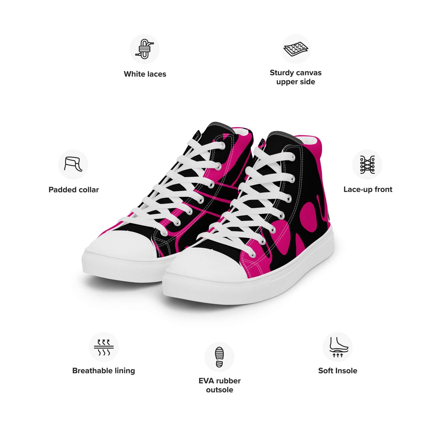 High-top canvas sneakers with pink and black design, padded collar, breathable lining, and EVA rubber outsole.