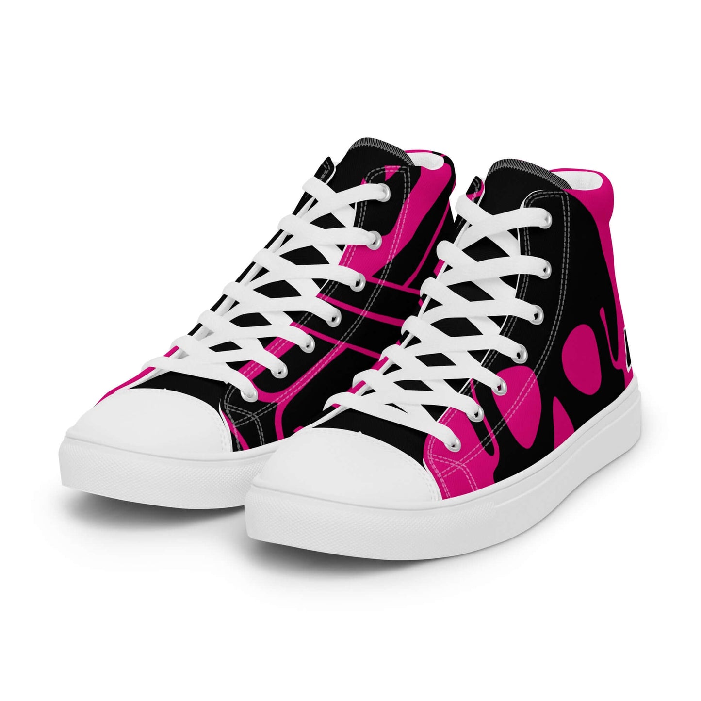 Hochwertige High-Top Leinenschuhe für Damen in Schwarz mit pinken Punkten und weißen Schnürsenkeln.