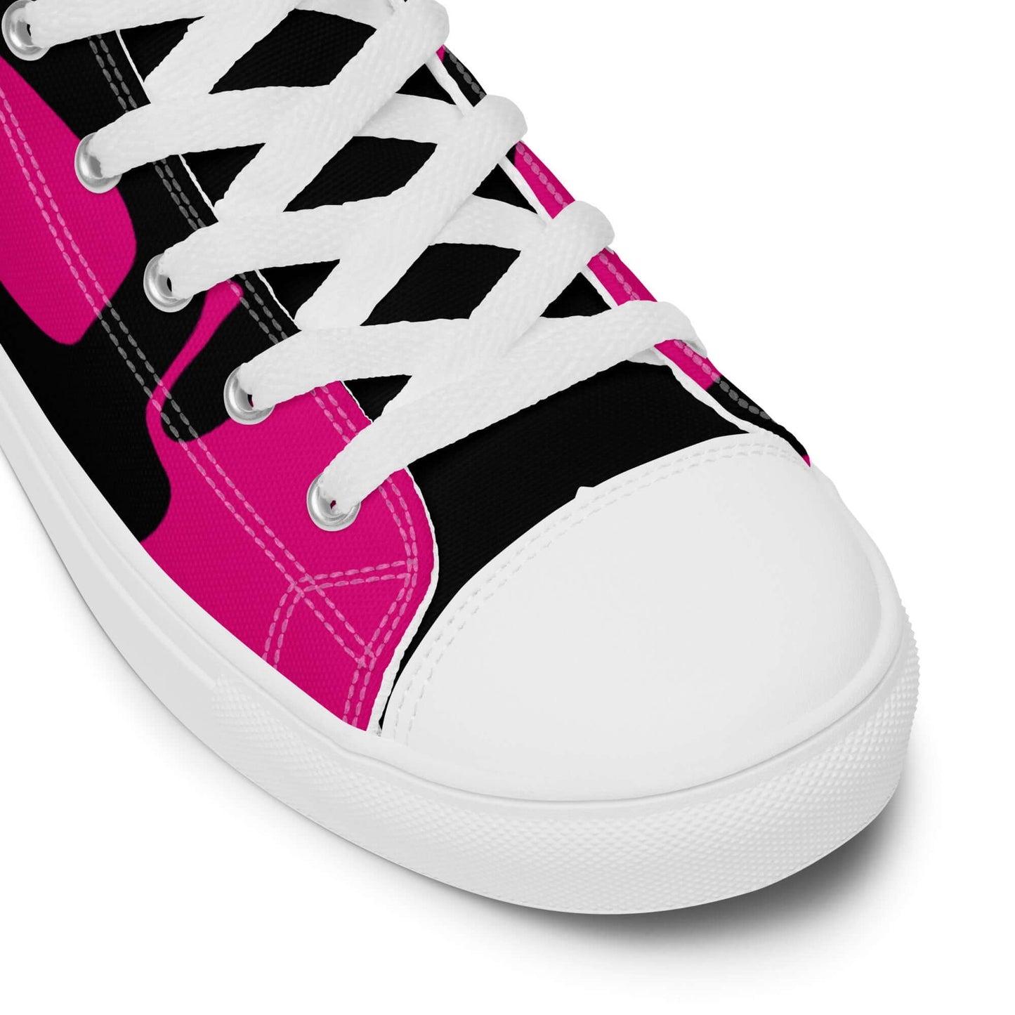High-top Leinenschuhe für Damen mit pinkem und schwarzem Design und weißer Schnürung.