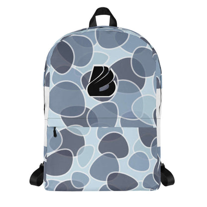 Rucksack N°5 with blue abstract pattern, ideal for daily use or sports, featuring ample storage and waterproof polyester material.