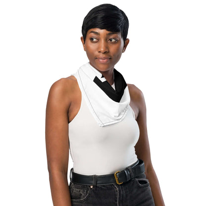 Woman wearing Bandana N°1 as a scarf, showcasing a stylish accessory made from 100% polyester for versatile fashion.
