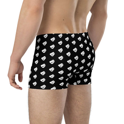 Model wearing Boxer-Briefs N°11, black with white pattern, featuring seamless back and supportive front pouch for comfort.